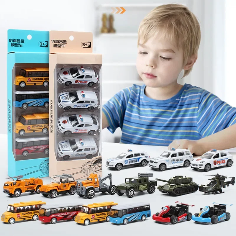 4Pcs Set Todder Car Toy Multi-Style Police School Bus Taxiing Alloy Mini Car Model Kids Pocket Small Durable Car kid gifts