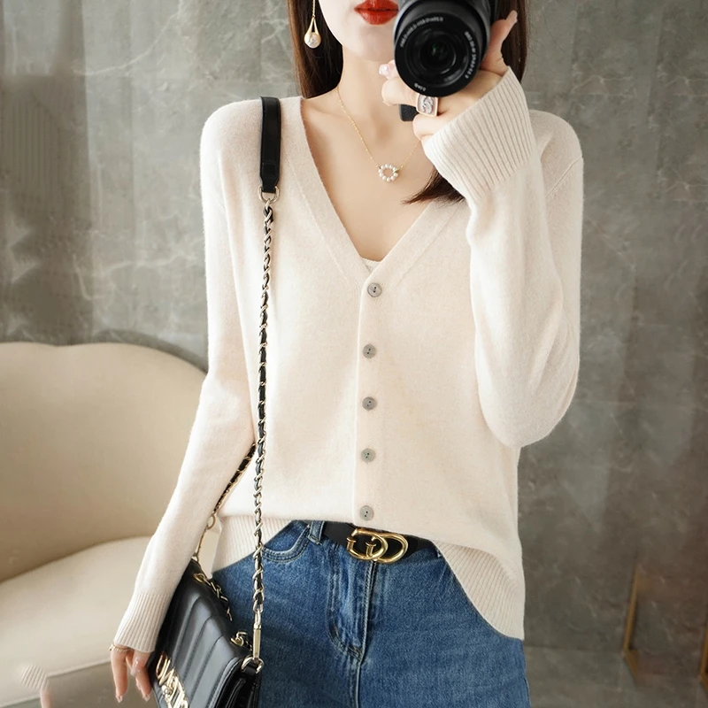 2024 Spring And Autumn New Women\'s V-neck Cardigan Solid Color Long-sleeved Cardigan ZD035