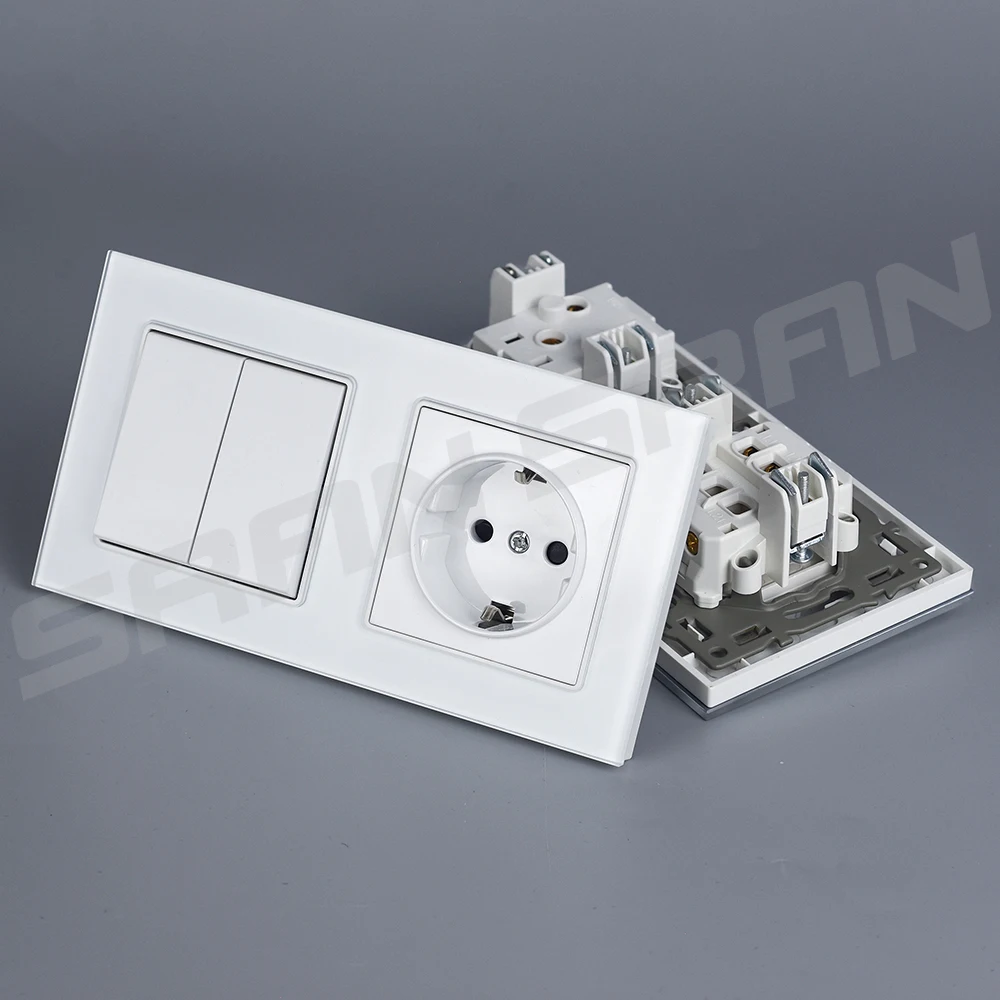 SRAN 2 Gang Light Switch and Power Socket 16A EU Standard Button Switch 1way 2way Wall Outlet 153*82mm Tempered Glass Panel