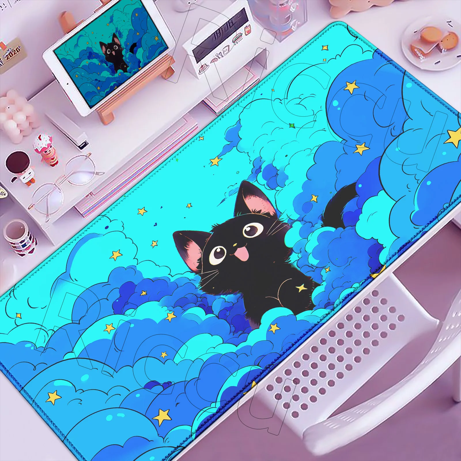 Tapete de mouse grande para escritório, xxl, gato fofo, 900x400mm, kawaii, acessórios de mesa de computador, mousepad grande, almofadas de borracha para gamer