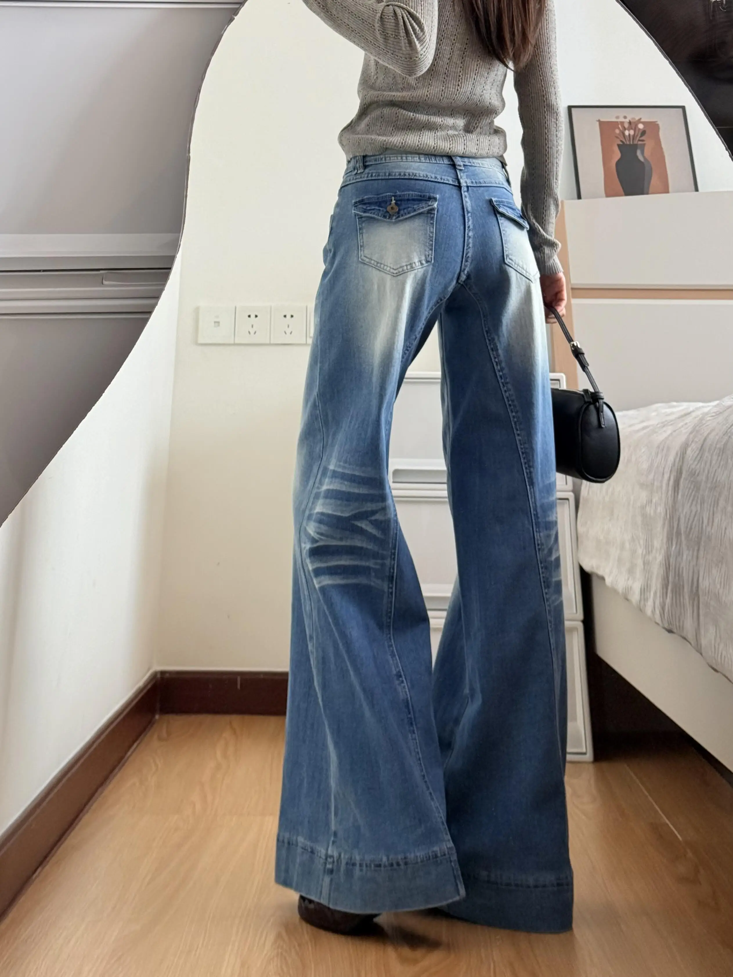 Blue Washed Low Waist Straight Wide Leg Draped Jeans Women Petite Retro Loose Slim Denim Pants