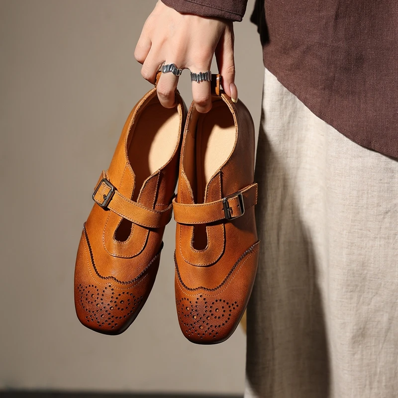 2027 Autumn Women Pumps Genuine Leather Shoes for Women Round Toe Chunky Heel Shoes Shallow Low-heel Mary Janes Handmade Shoes