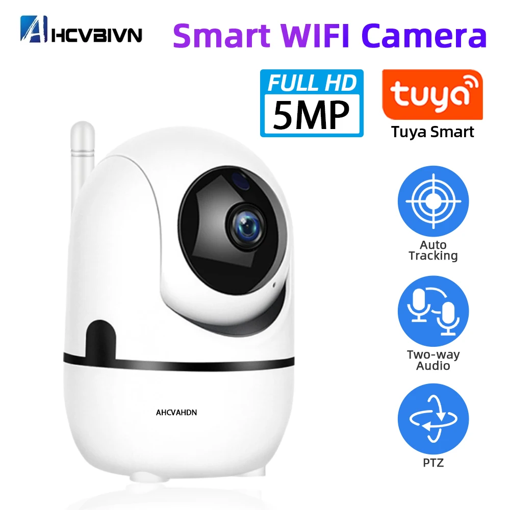 5MP Smart Life Wifi PTZ Camera Indoor Auto Tracking Tuya Wireless Security Baby Monitor Cam with 2 Way Audio Video Surveillance