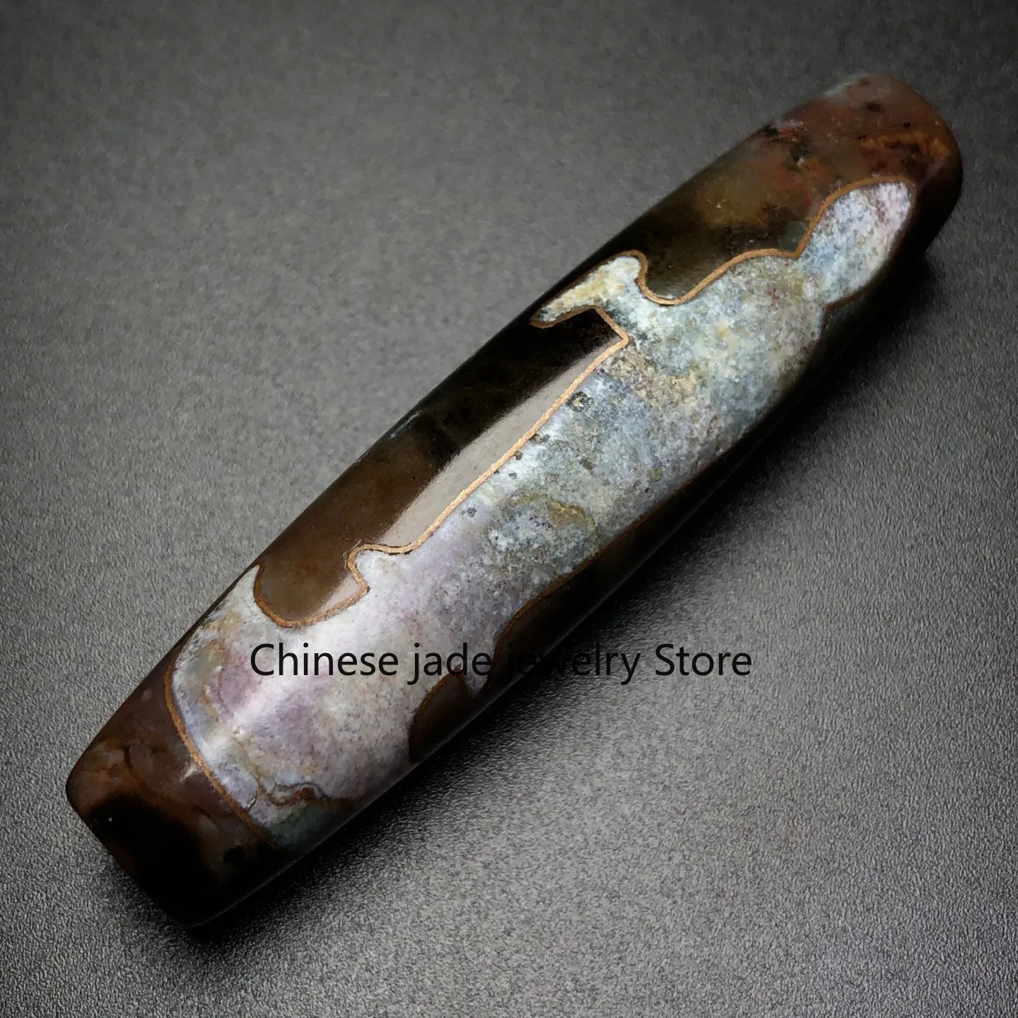 Rare Tibetan Buddhism Agate Inlaid Gold Wire Guanyin Totem Dzi Bead Pendant G677