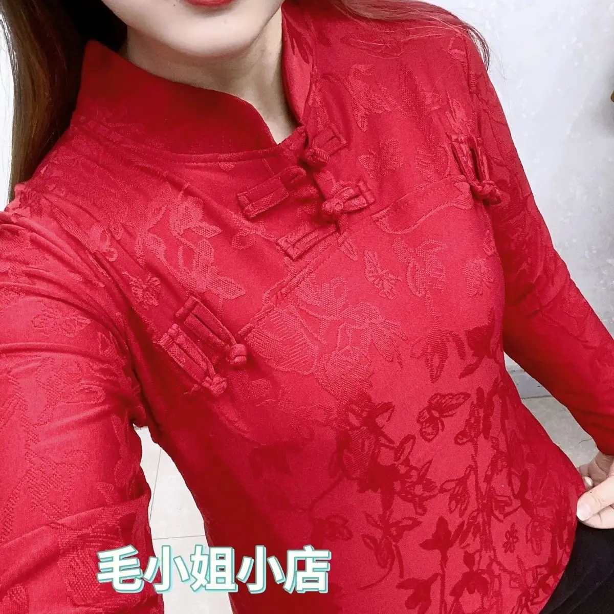 Chinese Style Buckle Top with Velvet Jacquard Fashionable and Versatile Feminine and Slim Fit