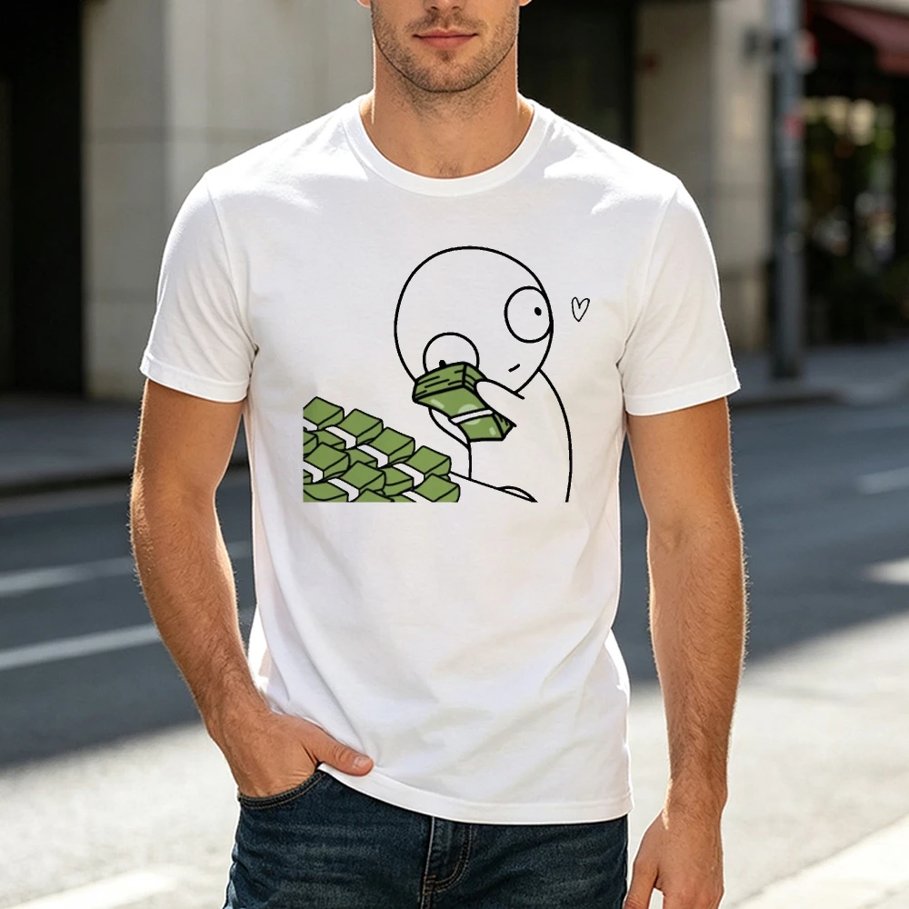 Funny Cartoon Money Stack Eating Doodle Graphic T Shirt Unique Creative Art Print Tee Men Unisex White Short Sleeve Top