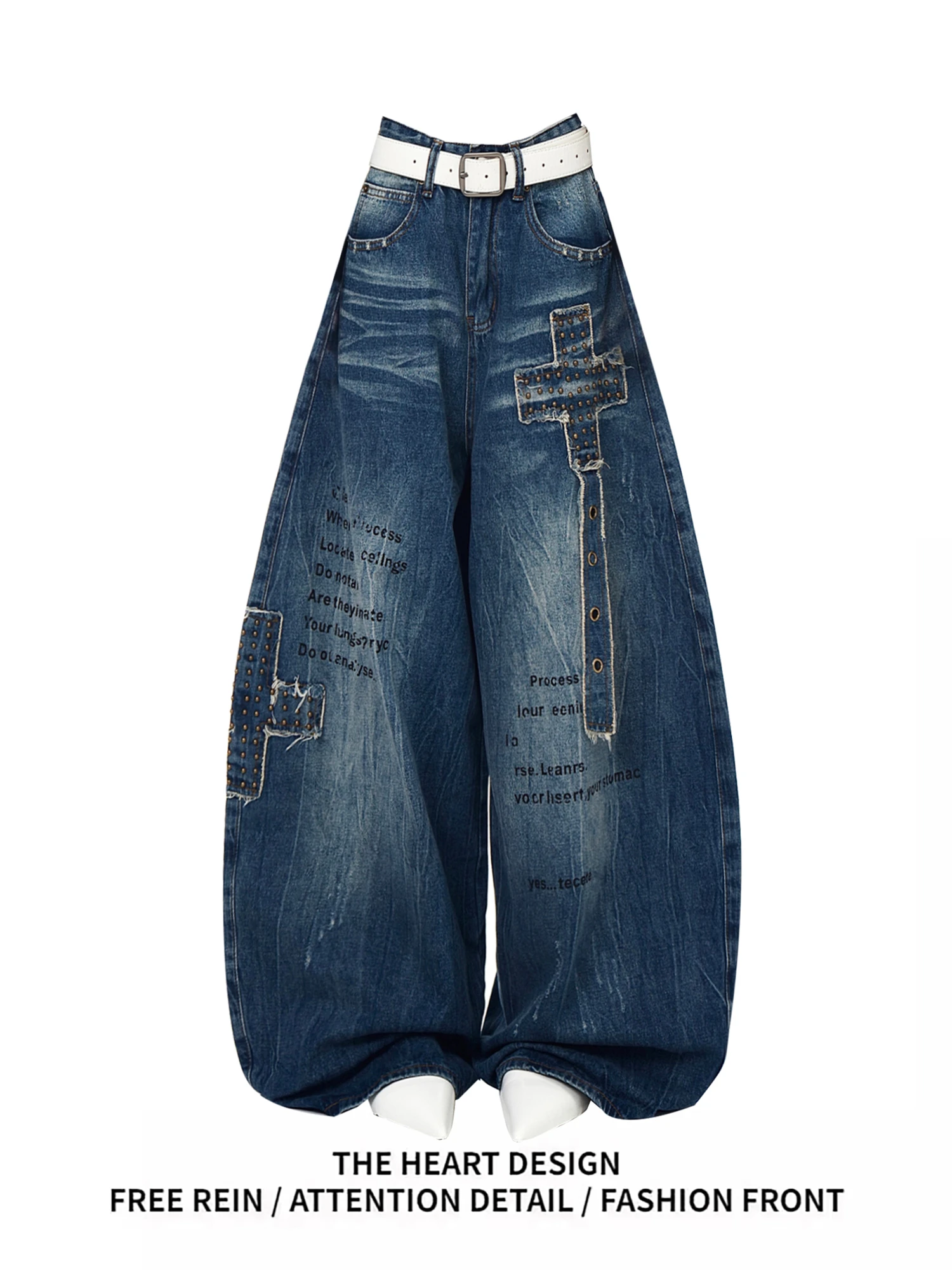 Women's Dark Blue Denim Wide Leg Jeans Fashion Cross Patch Letter Print Washed Distressed High Waist Casual Streetwear Trousers