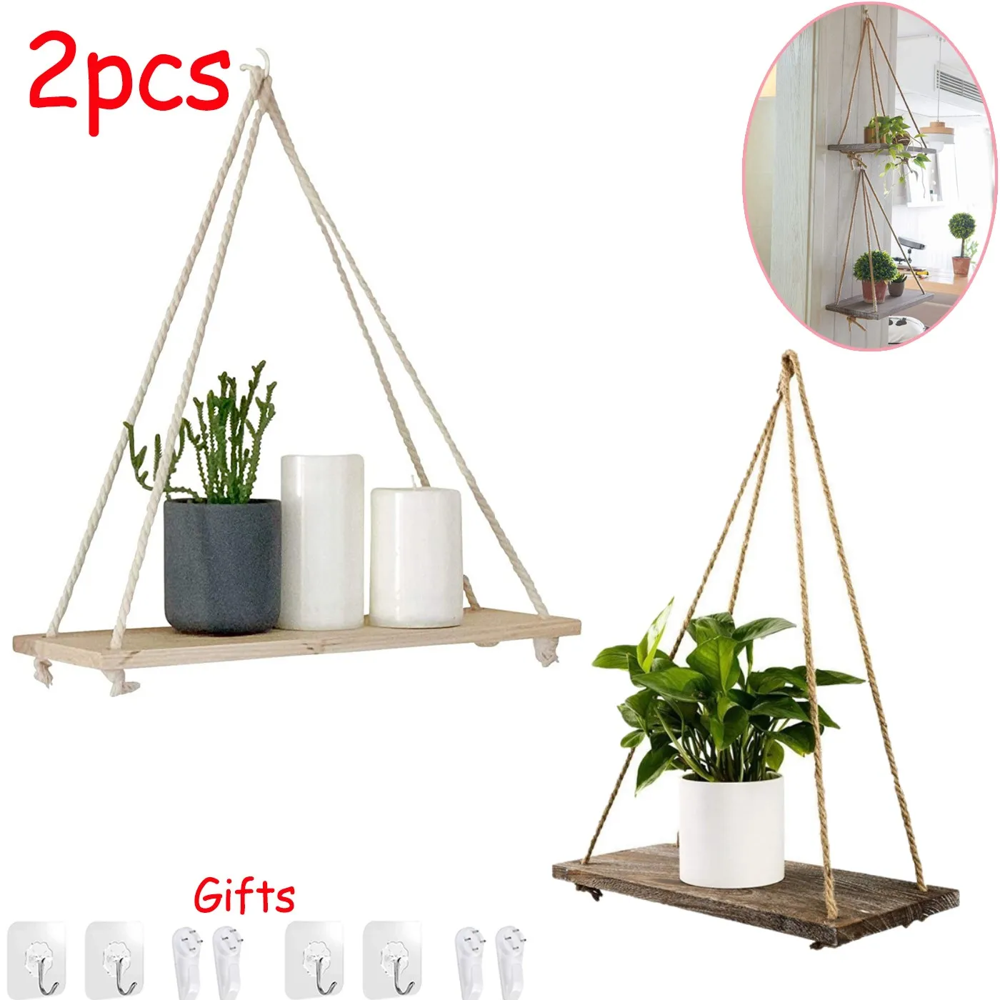 Wooden Rope Wall Shelf Swing Wall Hanging Shelves Nordic Home Decoration Plant Flower Candle Floating Shelve Home Decor Shelf