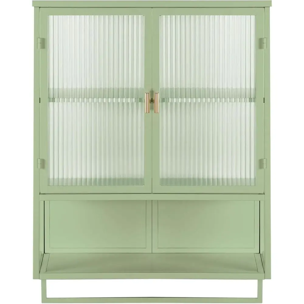 

23.62 Green Wall Cabinet with Glass Door, Two-Tier Storage, Open Shelf, Towel Rack for Entryway, Living Room, Bathroom, Dining R