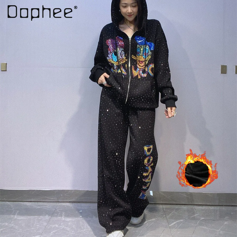 

Zipper Cardigan Cartoon Pants Set Winter New Rhinestone Sports Casual Hooded Sweatshirt Fleece Two Piece Sets Women's Outfits