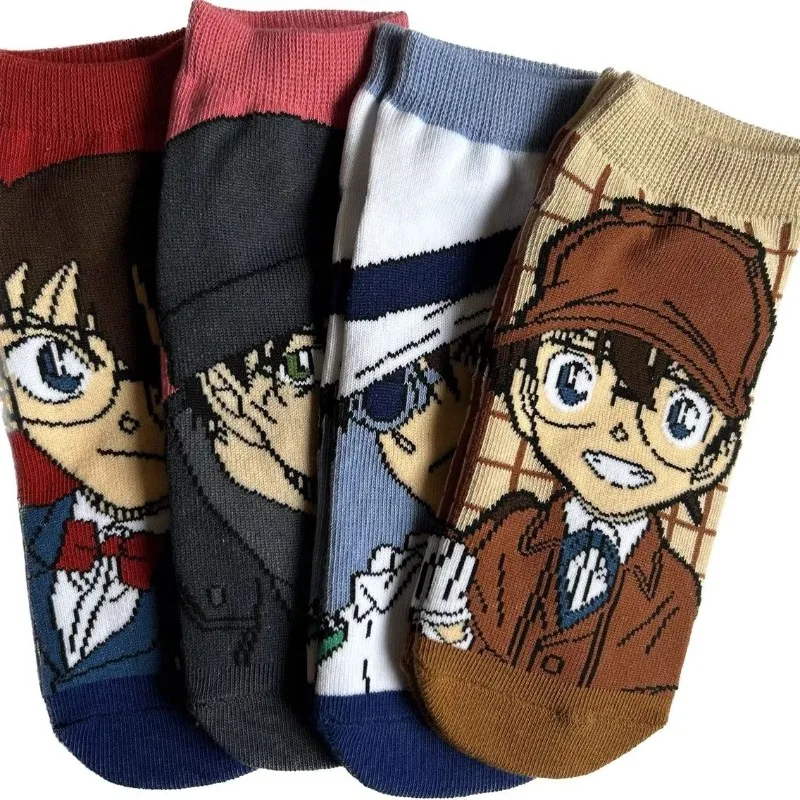 4 Pairs New Conan Breathable Cartoon Cute Girls Innovative Crew Socks SanrioGift Love Combed Cotton Women's Crew Socks Gift