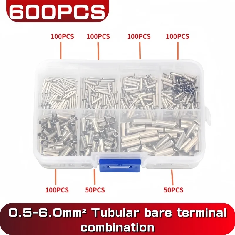 600PCS 0.5-6.0mm² Uninsulated Copper Terminal Bootlace Ferrules Cord End Electrical Cable Crimp Terminals