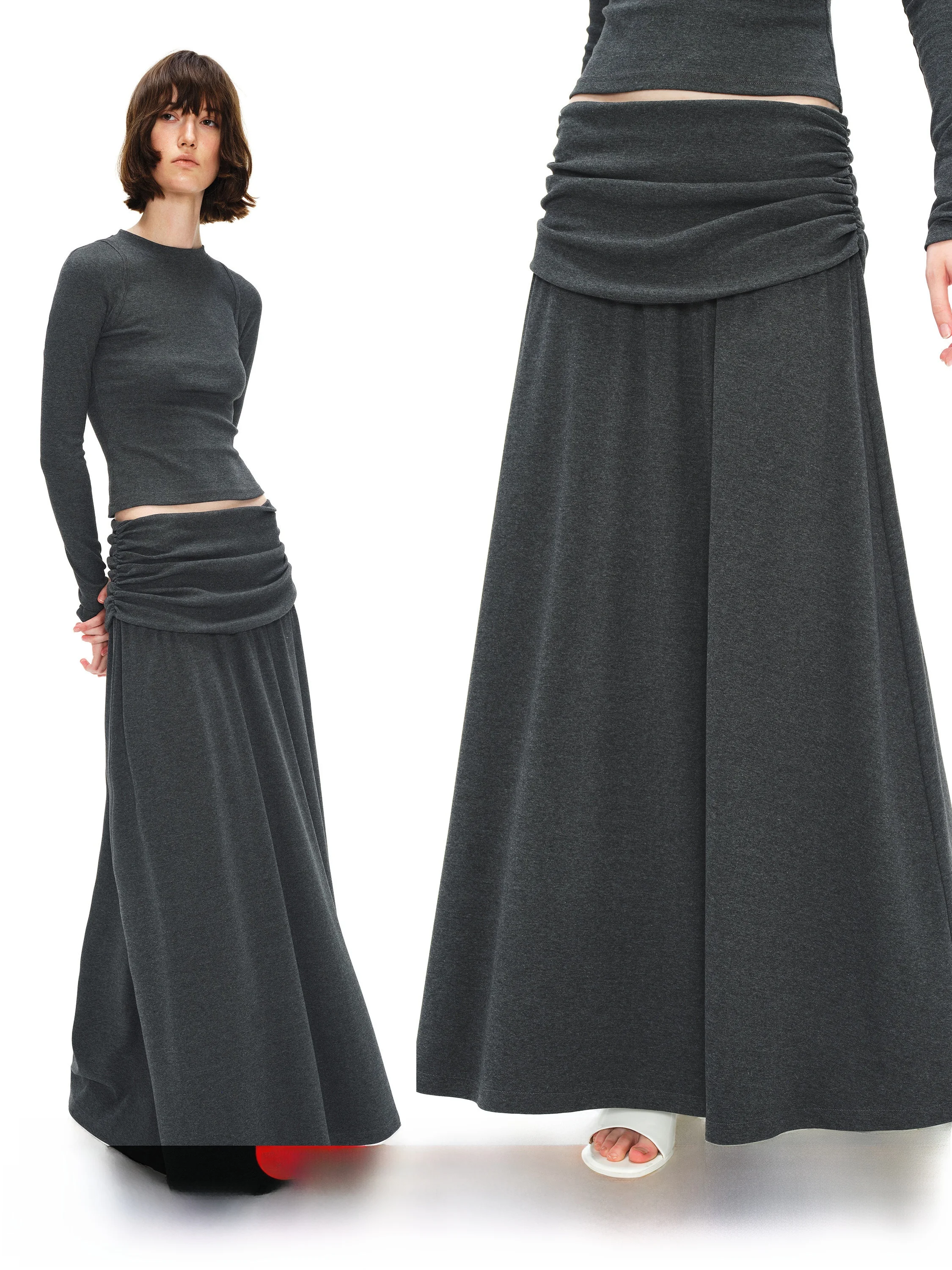 

Ele Slimming Long Sve Base Top и длинная драпированная юбка, комплект из смеси хлопка высокого класса, осенняя мода, женская ...