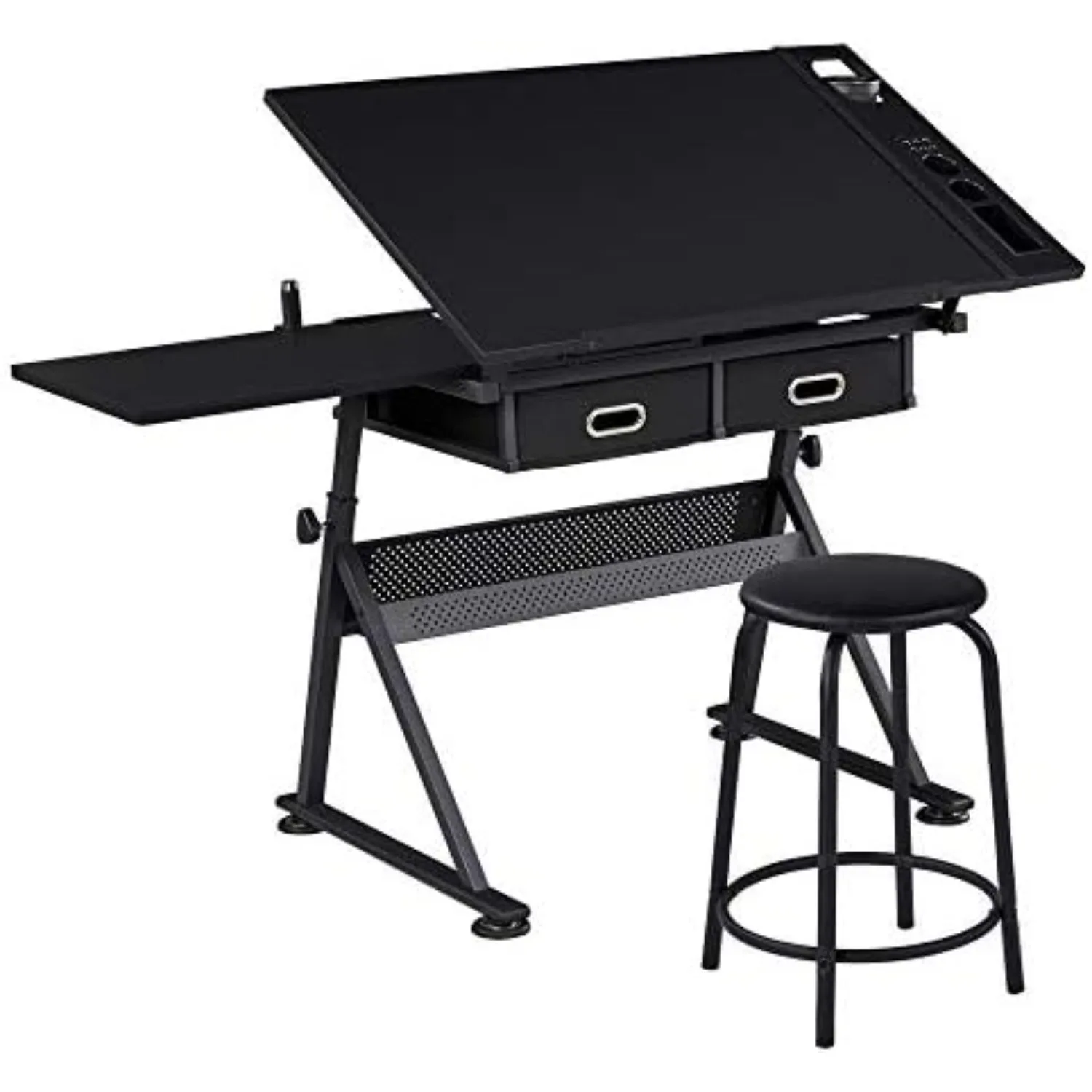 Adjustable Drafting Table Art Desk, Storage Drawers & Stool, Black