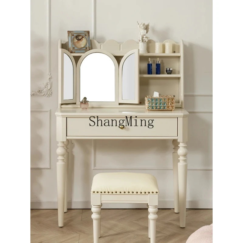 SM Cream Style Dressing Table with Makeup , Solid Wood Small Apartment White Bedroom Furniture