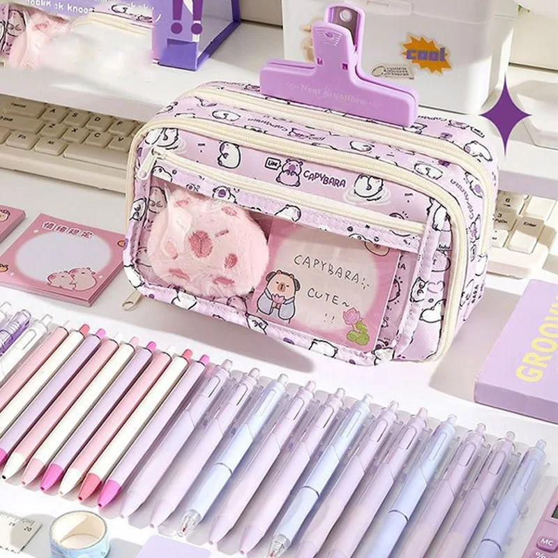 Cartoon Paarse Capybara Potlood Opbergtas Kawaii Pennenbakje Grote Capaciteit Etui School Briefpapier Case Make-up Tas
