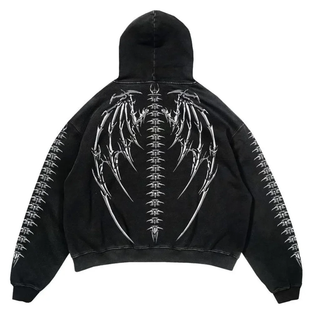 2023 New Harajuku Fashion Punk Rock Gothic Tops Y2K Hoodie Sweatshirt Hip Skull Wings Print Oversized Jacket Hip Hop Streetwear