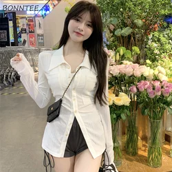 Long Sleeve Shirts Women Chic Slim Fit Cozy Temper Sweet Sexy Girls Classic Korean Fashion Daily Turn-down Collar Trendy Tops