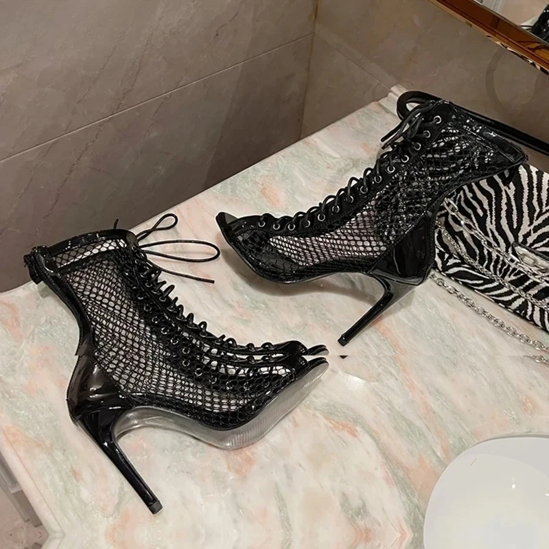 Aneikeh, botas sexis con punta abierta y tacón alto de malla atadas en T, diseño de moda de primavera para mujer, sandalias Stripper, zapatos de tacón de aguja para baile en barra