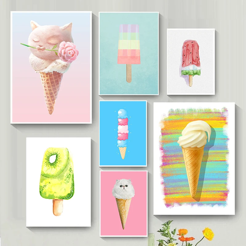 1pc frameless Canvas Painting Minimalism Summer Ice Cream Watercolor Poster Pastel Popsicle Children's Prints Canvas Painting Wa