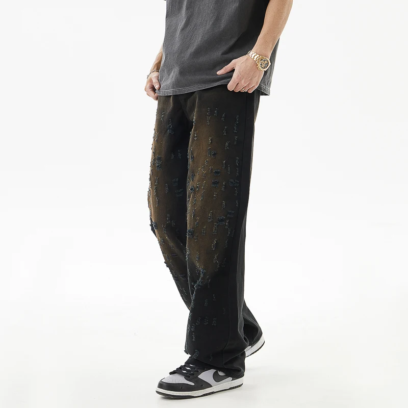 Ripped jeans men's loose straight fashion street fashion personality handsome hip hop casual retro trousers