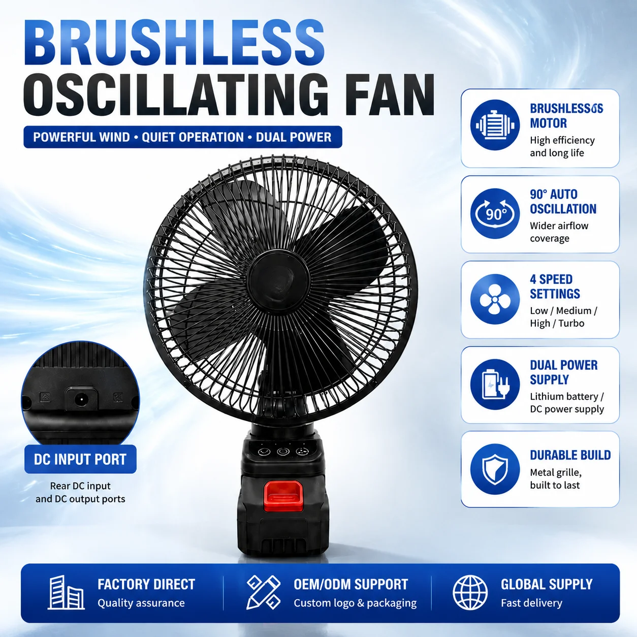 8-inch brushless oscillating fan with DC port, compatible with Makita batteries, for outdoor fishing, construction sites,