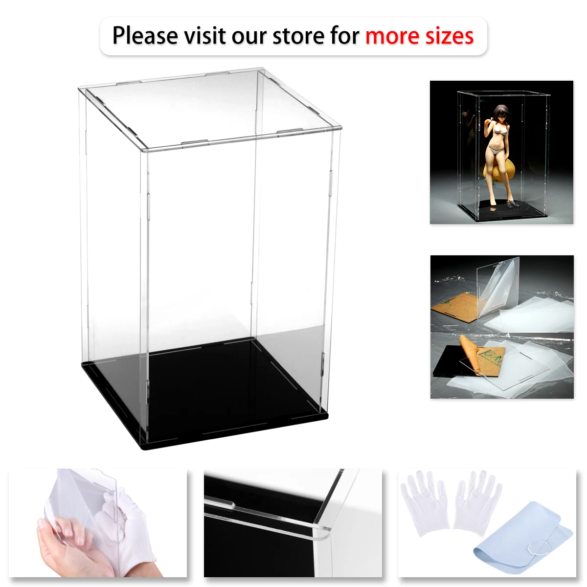 

Acrylic Display Box Self-Assembly Case Transparent Dust Proof Protection Showcase with Black Base Organizing Model Toy Show Box