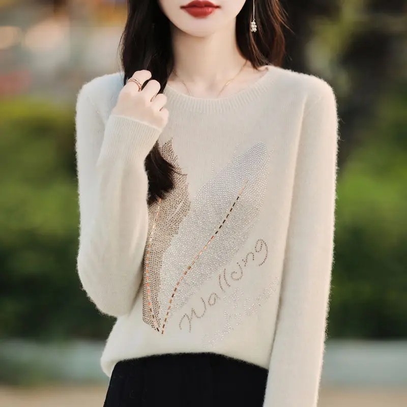 Autumn Winter Women\'s 2024 New Splicing Pullovers O-Neck Printed Letter Minimalist Office Lady Casual Long Sleeve Knitted Top