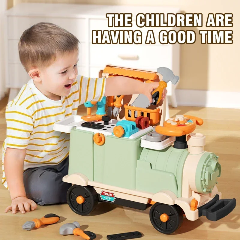 Zestaw zabawek dla dzieci 3 w 1: skrzynka narzędziowa, kolejka z pojazdami, zabawki kuchenne, zestaw sprzętu lekarskiego, siedzisko, wielofunkcyjne przechowywanie, zabawa w udawanie.