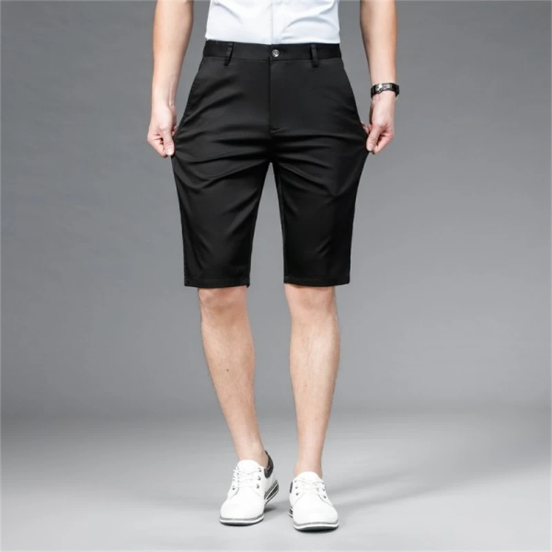 Summer Leisure Cotton Elastic Shorts for Men\'s 2024 New Over the Knee Middle Pants with Straight Sleeve Business Split Pants for