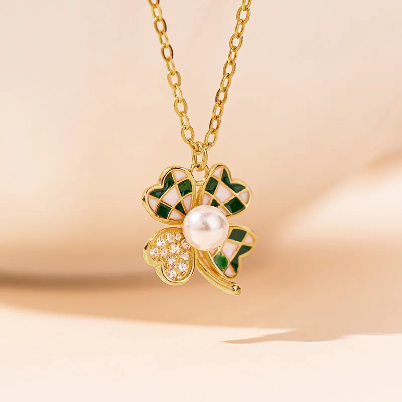 S925 Silver checkerboard green four-leaf clover shell Bead necklace Superior sense lucky clavicle chain