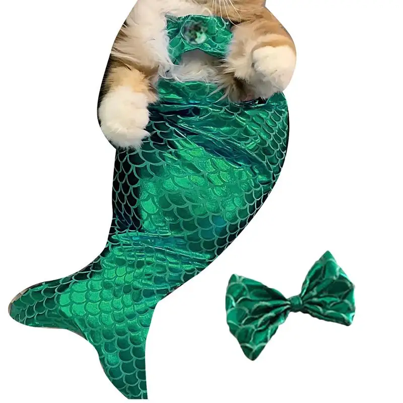 Cat Mermaid Costume Sequin Mermaid Tail Clothes for Halloween Cat Fishtail Dress-Up Comfortable & Soft Dog Outfit Funny Pet