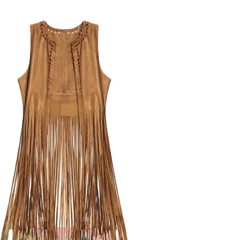 70s Style Suede Fringe Shoulder Wrap Vest Unisex Western Cowboy Jacket Ladies' Fashion Inner Wear Regular Length Stripe Pattern