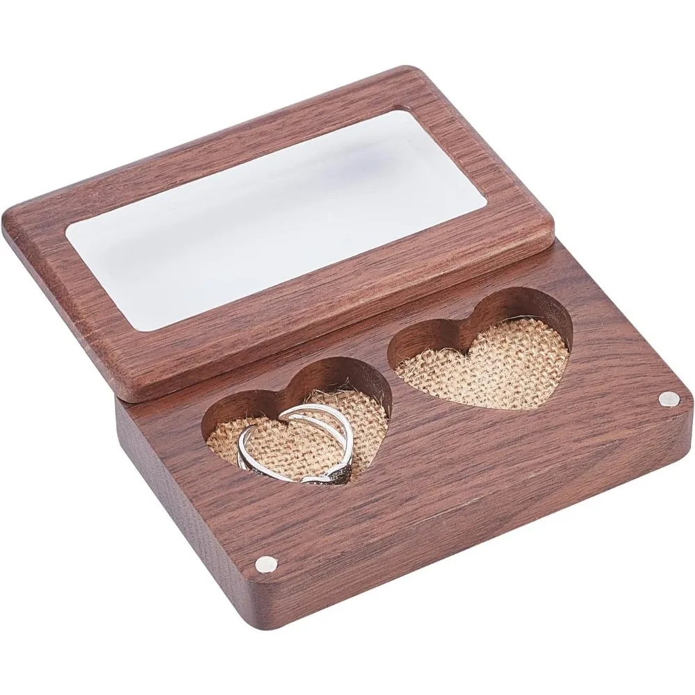 Heart Ring Box Rustic Bearer Wooden Holder with Easy Enclosure Dual Holder with Engraved Pillow for Wedding