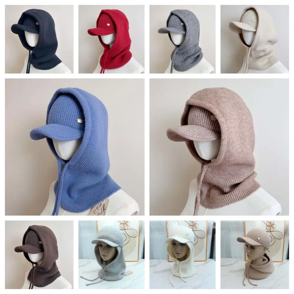 Verdickte Strick-Balaclava-Mütze, elastisch, atmungsaktiv, mit Kapuze, Nackenwärmer, geripptes Fleece, Winter-Visier-Mütze, Camping – Detail 1