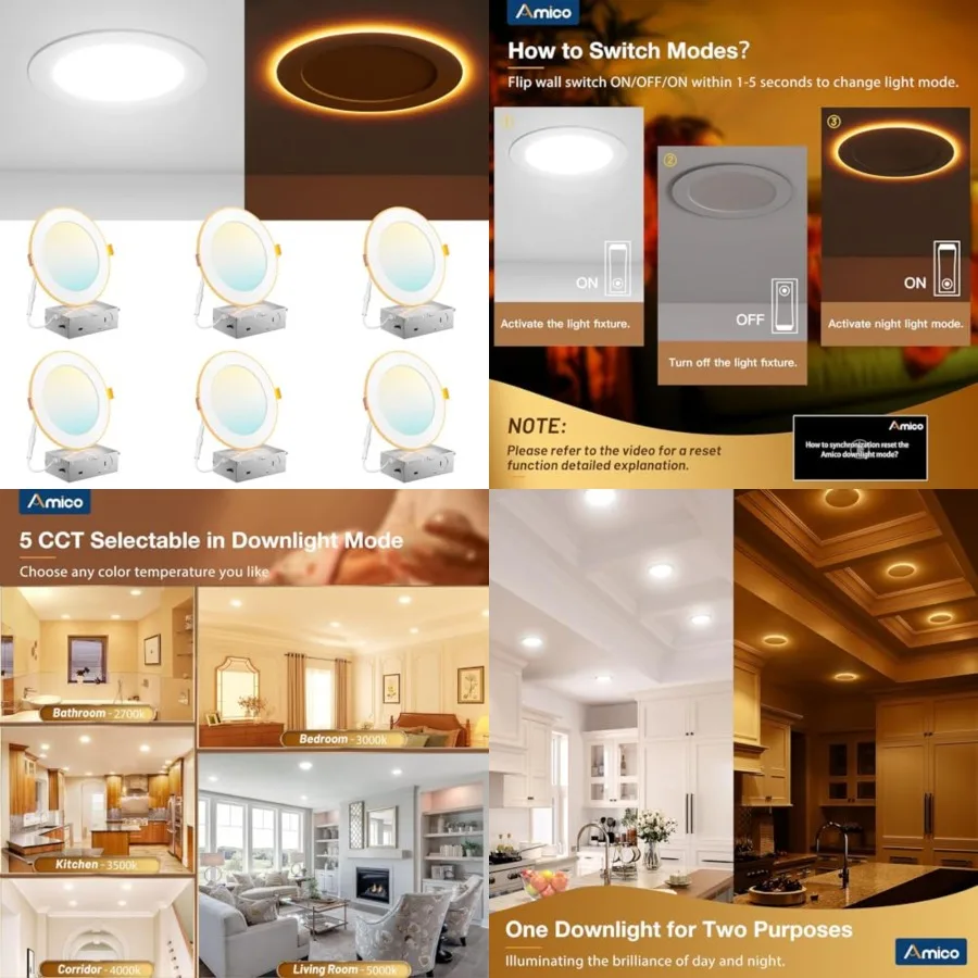 

Pack 5CCT LED Recessed Ceiling Light with Night Light, 2700K/3000K/3500K/000K/5000K Selectable Ultra-Th Recessed Lightg, 12W=11