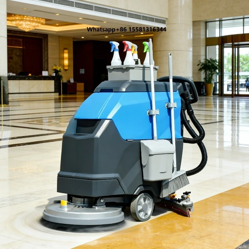 Walk-Behind Electric Commercial Floor Scrubber 520mm Ground Brushing Width 55L Tanks 2600/h Self-Cleaning Battery-Powered