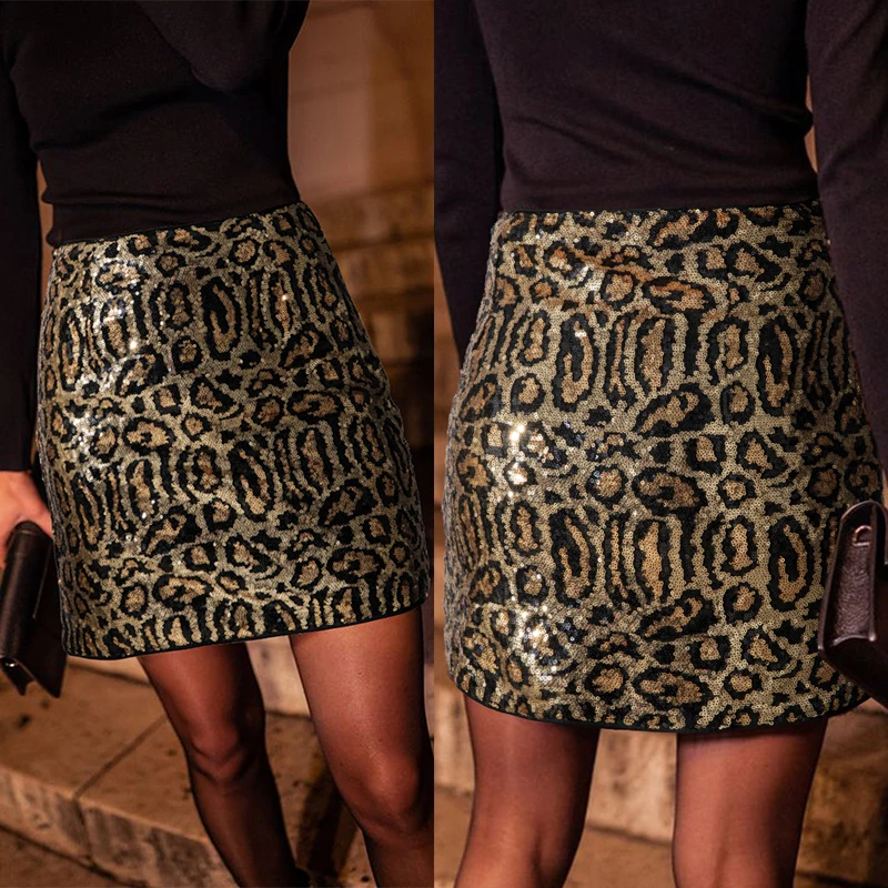 CyiExi Women Sexy Brown Leopard Print Sequined Mini Skirt High Waist Skirts Disco Night Club Wear Bottom Female S-XL