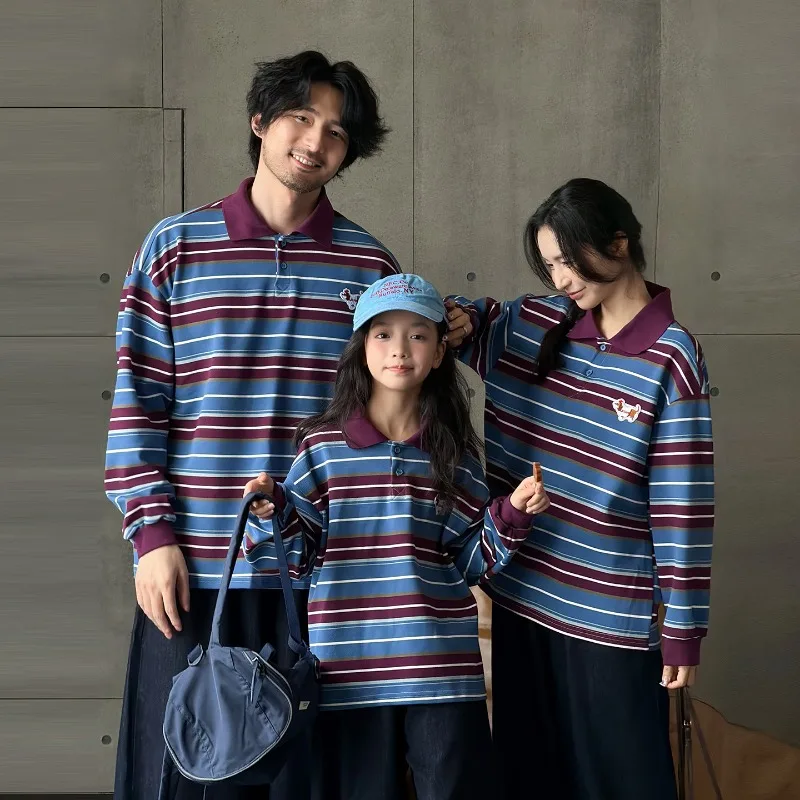Family Matching Outfits Striped Polo Shirt Long Sleeve T-shirt Mother Father Kids Top Autumn Family Look Mommy Daddy Me Clothes