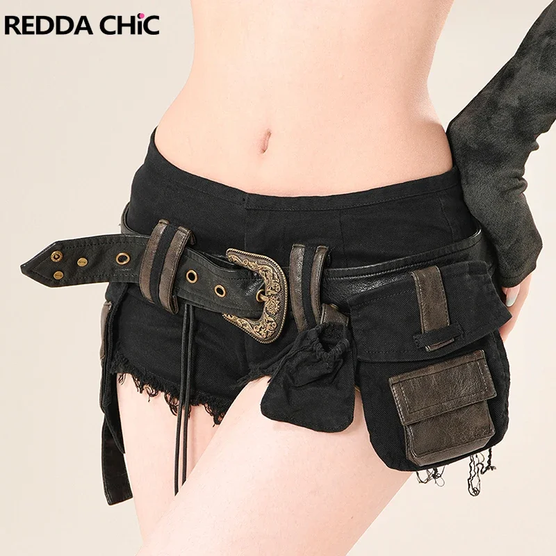 IMU Women Raw Hem Cargo Jean Shorts Vintage Leather Belt Pockets Studded Low Rise Denim Shorts Hot Summer Western Clothes