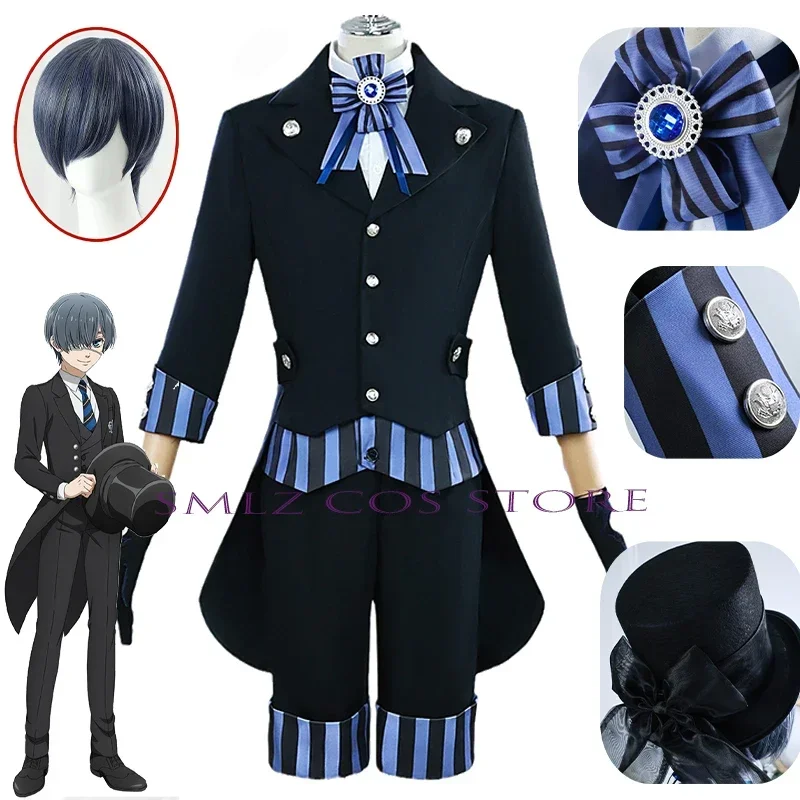 Anime Black Butler Liner Cruise Ciel Cosplay Costume Black Uniform Suit Hat Wig Set Halloween Party Role Play Outfit for Man