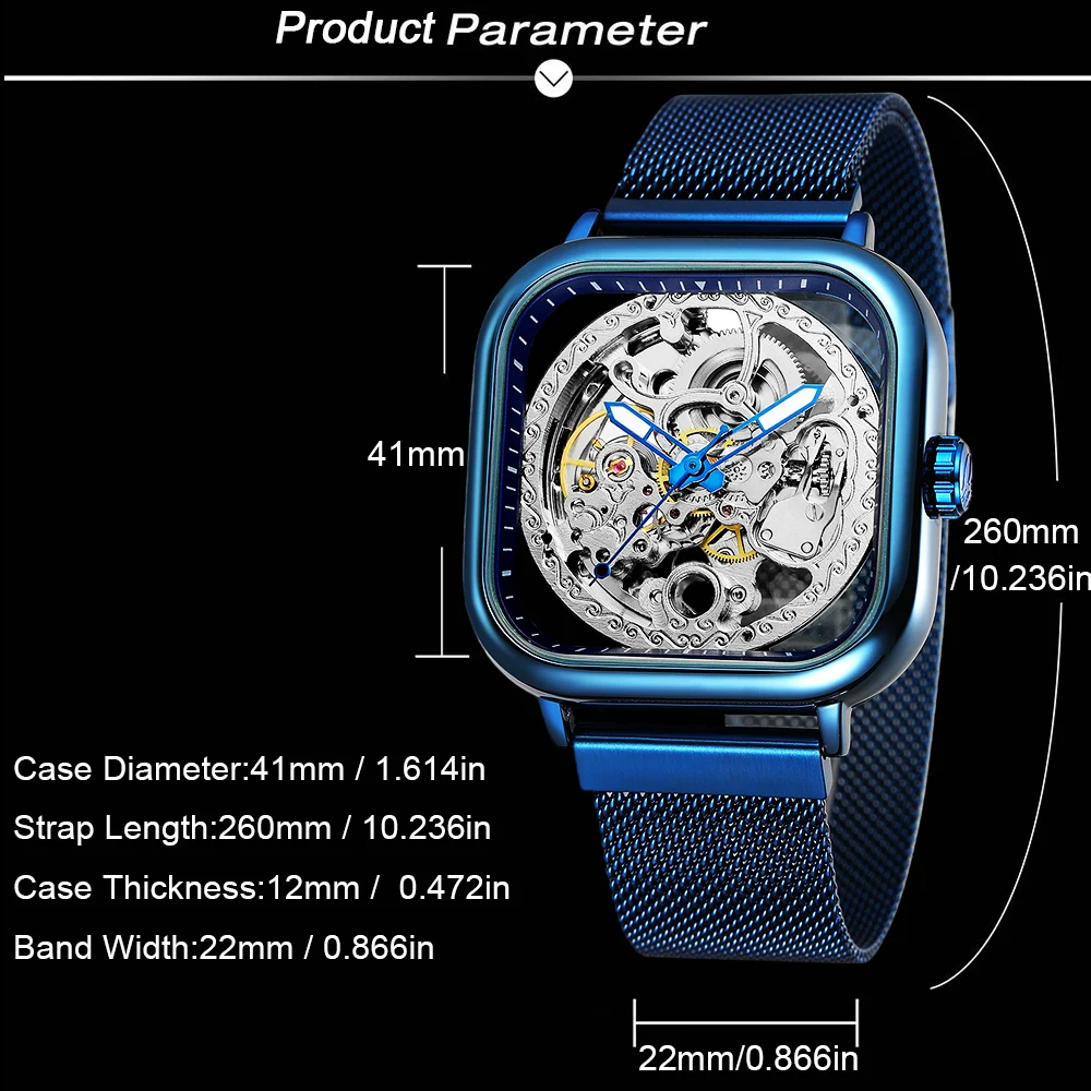 FORSINING Blue Engraved Men Automatic Skeleton Mechanical Watches Luminous Hands Hollow Carving Casual Mesh Steel Band Man Clock