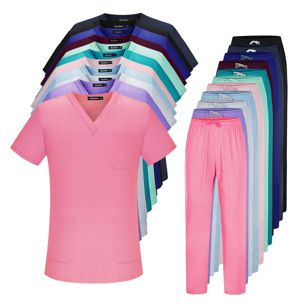 Polyester Cotton Solid Color Multi-Color Short Sleeve Set Nurse Uniform Doctor Straight-Leg Pants Simple Pocket Scrub Shirt