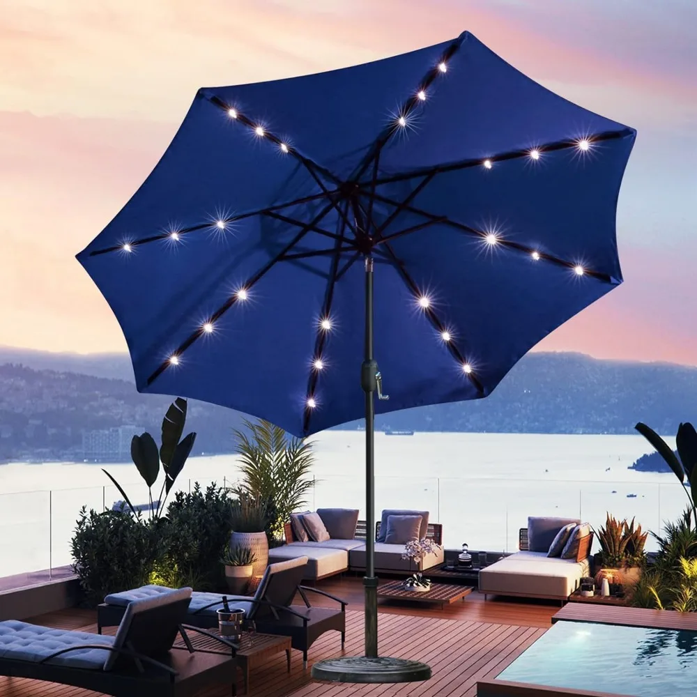 9 'Zonne-Energie Led-Verlichte Terrasparaplu Met 8 Ribben/Kantelafstelling En Crank-Liftsysteem (Marineblauw), Schaduwparaplu 'S