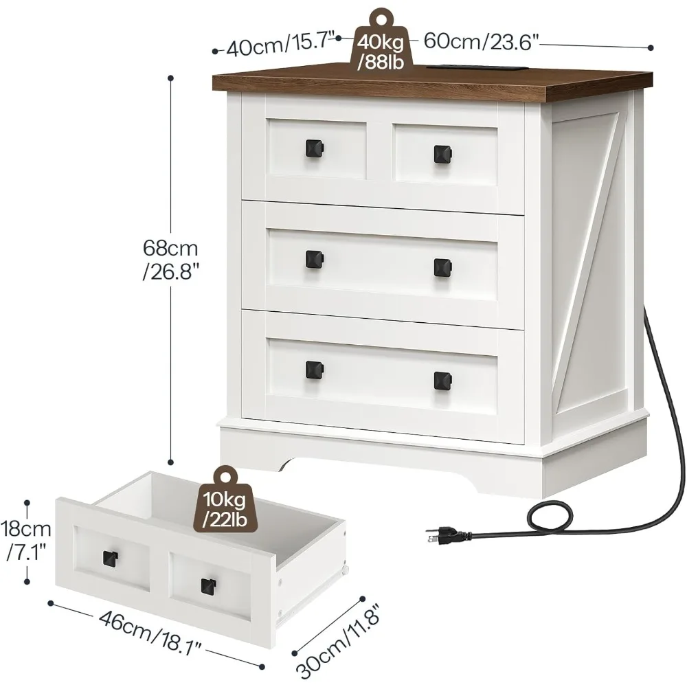 HOOBRO Farmhouse Nightstand with 3 Drawers, 23.6 Inch Wide End Table with Charging Station, Large End Table for Bedroom, Living