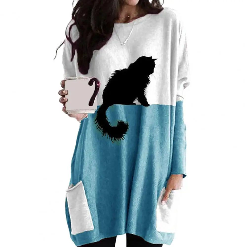 Women Polyester Spandex T-shirt Fashionable Round Neck Women Top Stylish Women's Long Sleeve Sweater Soft Stretchy Black Cat