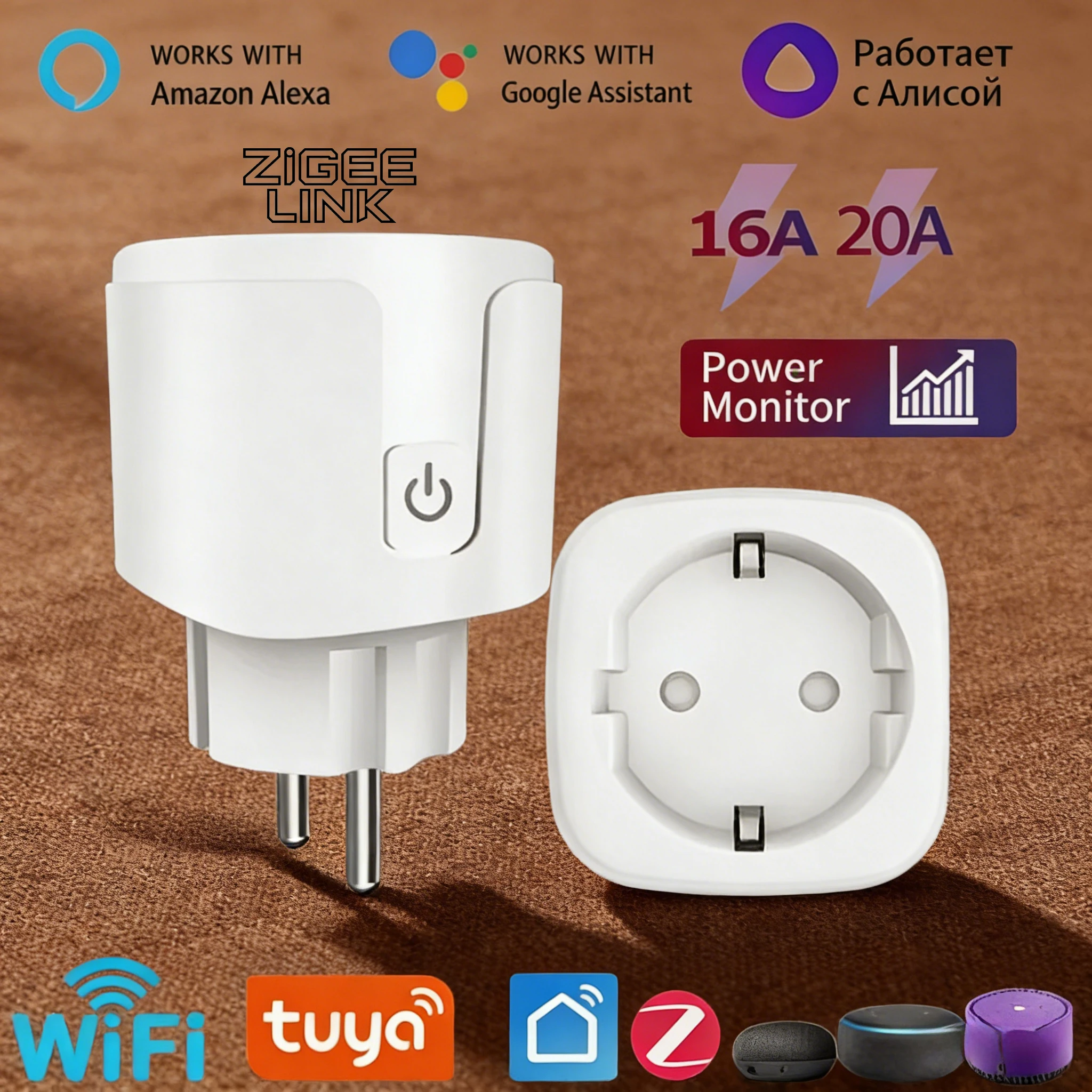 

Tuya EU WiFi Smart Plug 16A/20A Socket with Power Monitoring Timing Function Smart Life APP Remote Voice Control Alexa Google