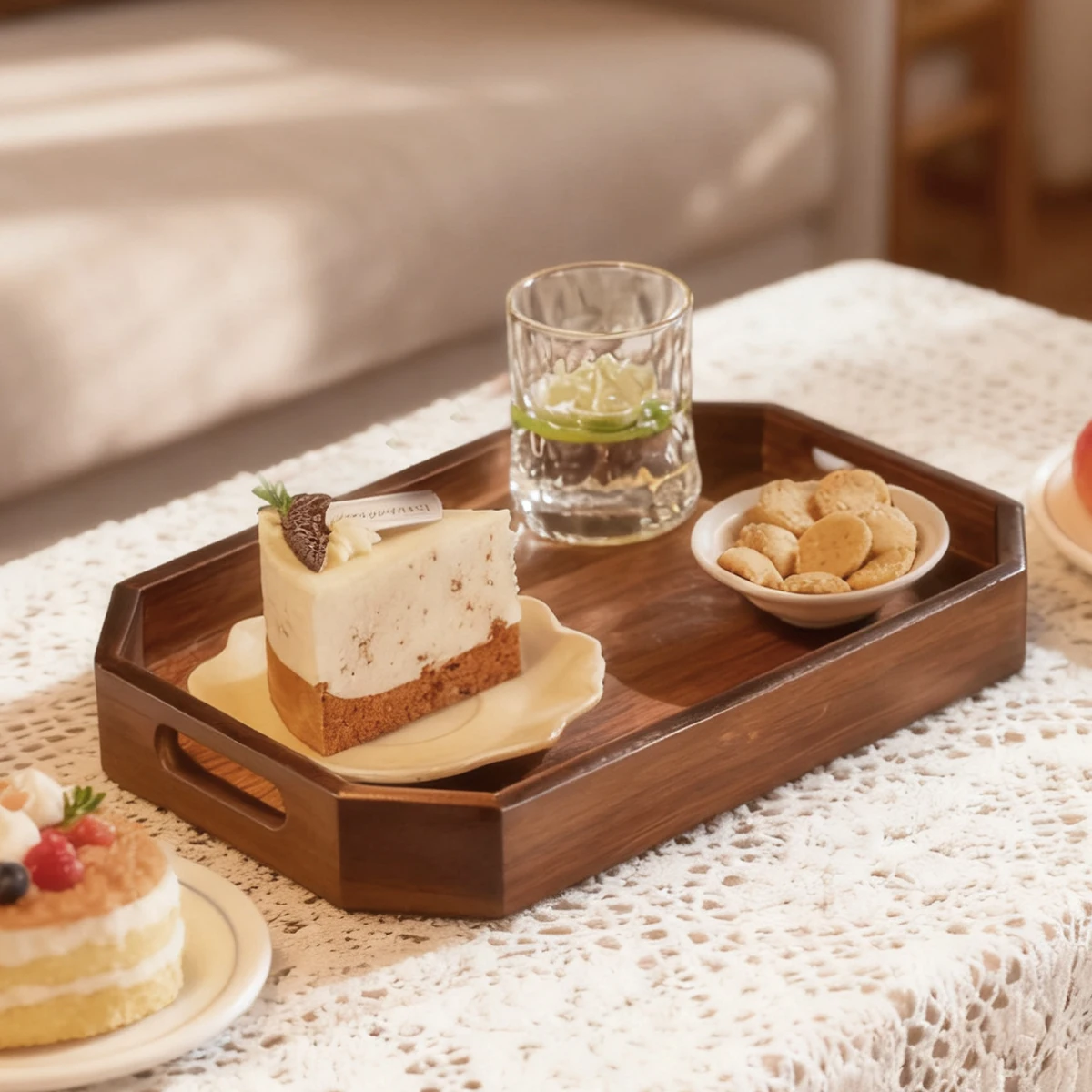 1개 솔리드 우드 수납 트레이, 속이 빈 손잡이 포함, 거실, 침실, 소파 및 야외 활동용.