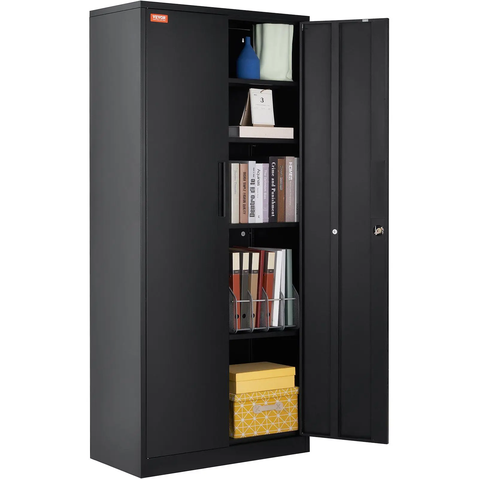 

71" Steel Storage Cabinet: 4 Adjustable Shelves (200LBS/Shelf), 2 Magnetic Doors w/ 3 Keys – for Office/Home/Garage (Black).