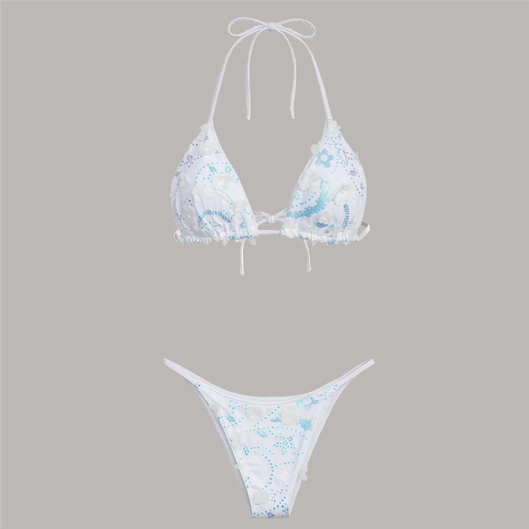 S - XL Dreiteiliges Bikini-Set mit Rock, Blumen, Pailletten, Damen-Bikini, Badeanzug, Badebekleidung, Badeanzug, Schwimmbekleidung V7864 – Detail 12
